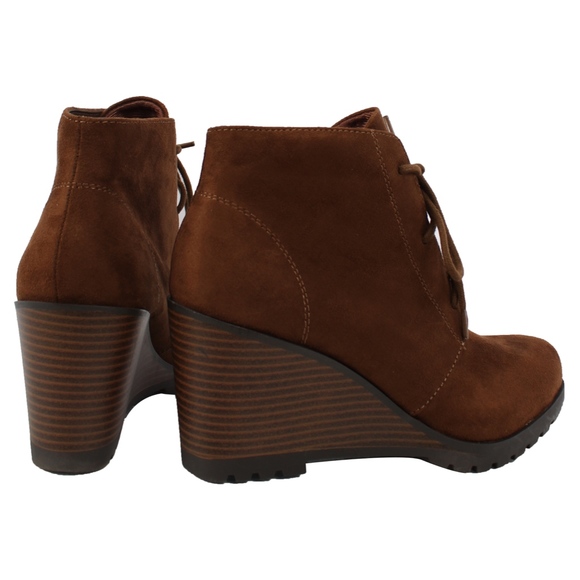 Oak  Faux Suede Lace Up Stacked Wedge Ankle Boo - Picture 4 of 7